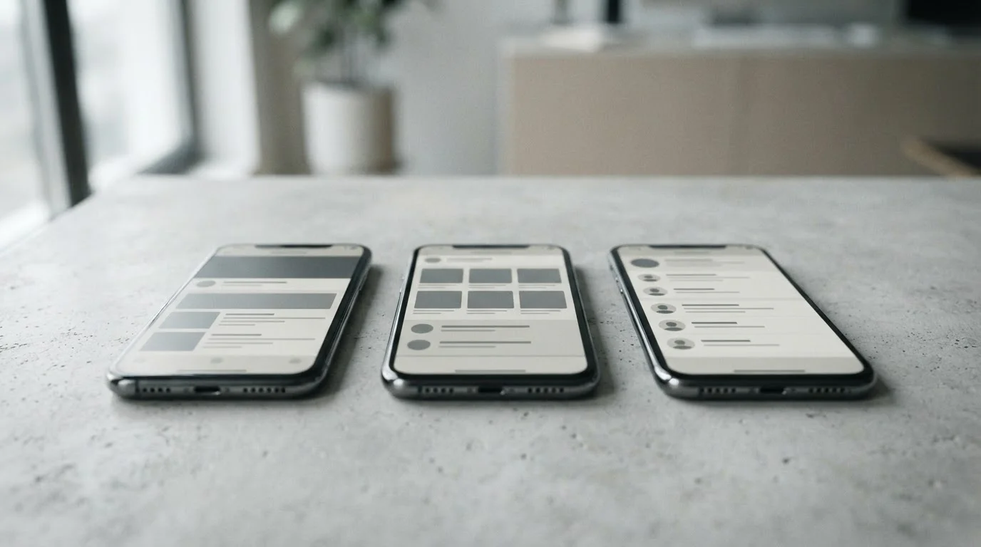Mehrere neutrale Smartphone-Bildschirme nebeneinander zeigen abstrakte Wettanbieter-Interfaces