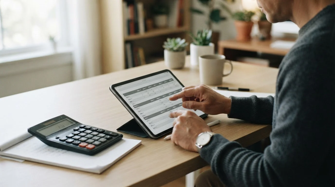 Hands über Tablet mit Vergleichstabelle und Taschenrechner bei der Analyse von Wettquoten