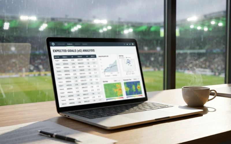 Laptop zeigt detaillierte xG-Statistiken und Analysetools für Fußballspiele