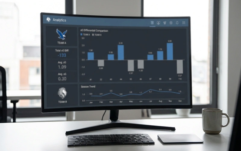 Bildschirm mit Vergleichsdiagramm der xG-Differenzen zweier Mannschaften