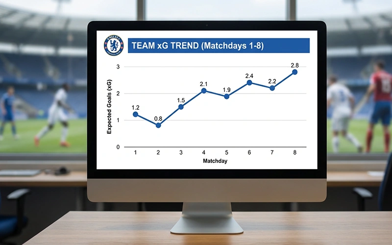 Liniendiagramm zeigt xG-Trend einer Mannschaft über mehrere Spieltage